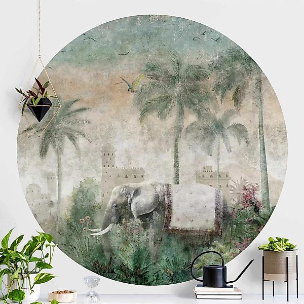 Runde Tapete selbstklebend Vintage Dschungel Szene mit Elefant günstig online kaufen