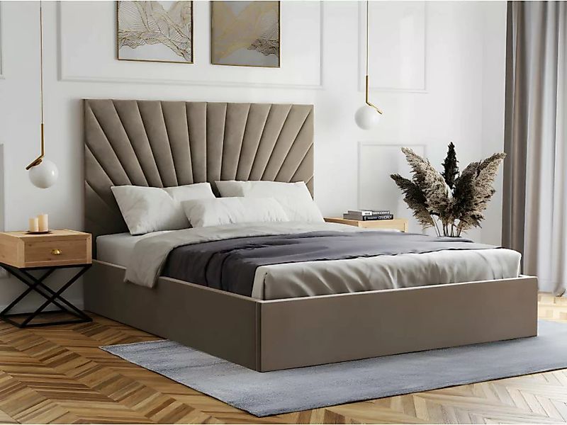 Polsterbett mit Bettkasten 160 x 200 cm - Samt - Graubraun + Matratze - RIL günstig online kaufen