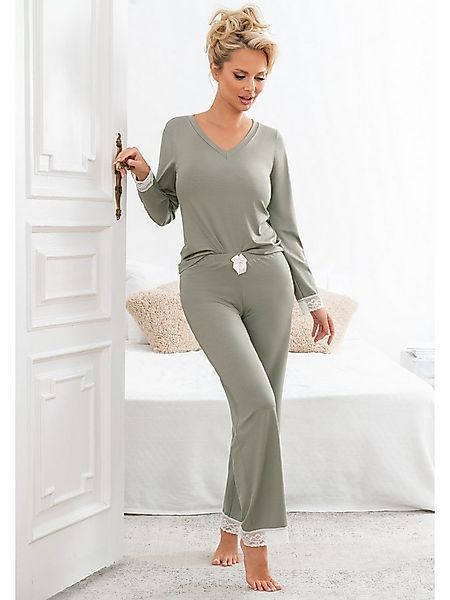 Donna Pyjama langarm Schlafanzug mit Spitze (langarm Shirt & lange Hose, 2 günstig online kaufen