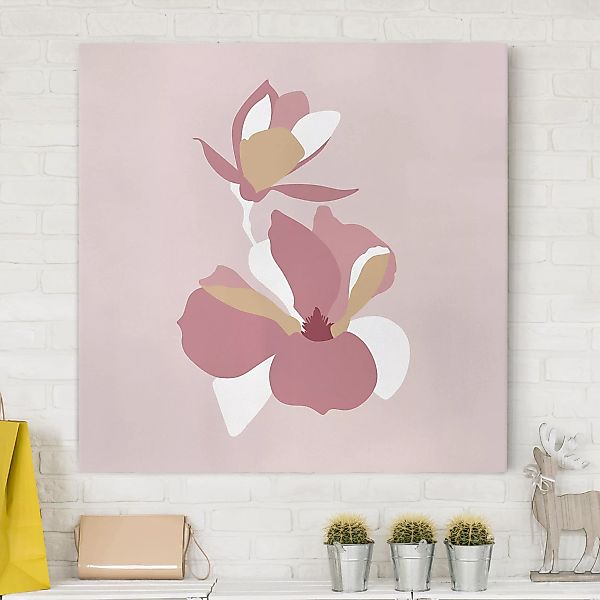 Leinwandbild Blumen - Quadrat Line Art Blüten Pastell Rosa günstig online kaufen
