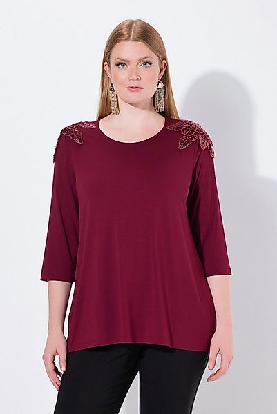 Ulla Popken Longsleeve Shirt Pailletten-Blüten A-Linie Rundhals 3/4-Arm günstig online kaufen