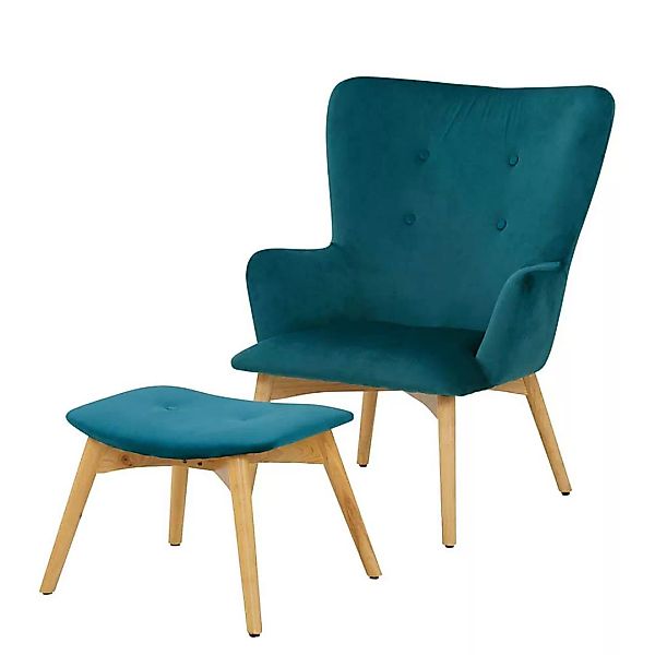 Wohnzimmer Sessel mit Hocker in Petrol Vierfußgestell aus Holz (zweiteilig) günstig online kaufen
