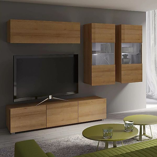 Wohnwand Möbel Set mit LED Beleuchtung in Eiche Gold Nb. CAIRNS-132, B/H/T günstig online kaufen