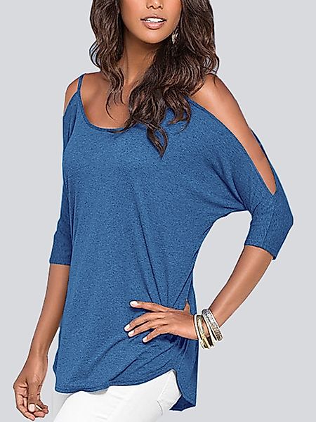 Blaue kalte Schulter 3/4 Länge Ärmel T-Shirt günstig online kaufen