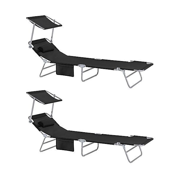 SoBuy 2-er Set Gartenliege mit Kopfkissen und Sonnendach aus Metall Schwarz günstig online kaufen