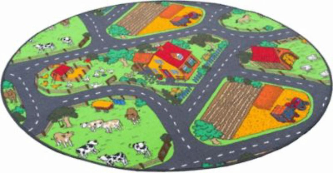 Snapstyle Kinder Spiel Teppich Bauernhof Rund Spielteppiche grün/anthrazit günstig online kaufen