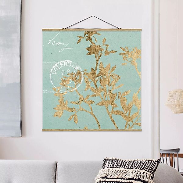Stoffbild Blumen mit Posterleisten - Quadrat Goldene Blätter auf Turquoise günstig online kaufen