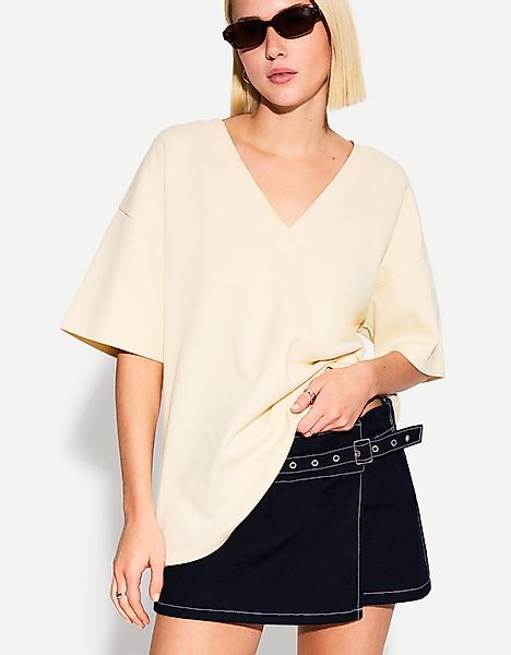 Bershka T-Shirt Mit V-Ausschnitt Heavy Cotton Damen S Rohweiß günstig online kaufen