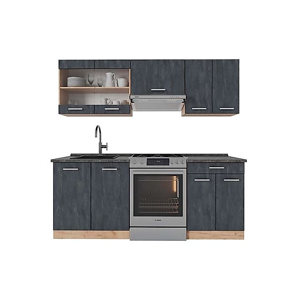 Vicco R-Line Küchenzeile Schwarz Beton/Goldkraft Eiche 200 cm AP Anthrazit günstig online kaufen