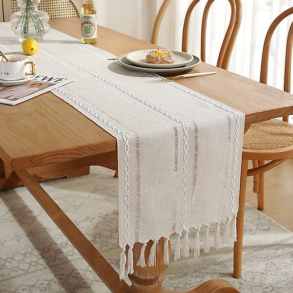 NUODWELL Tischläufer Boho Creme Landhausstil Quasten günstig online kaufen