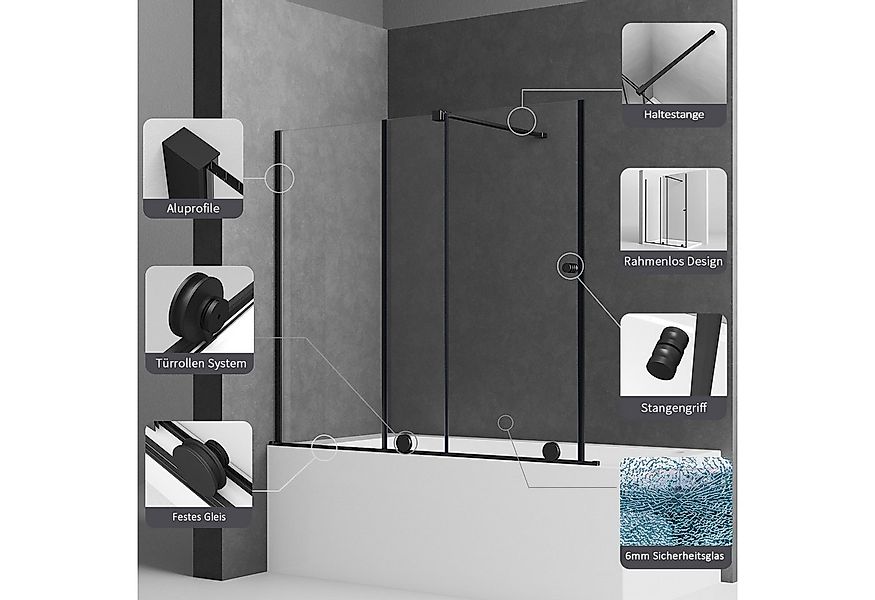 Boromal Badewannenaufsatz Schiebetür Duschtrennwand Glas Schwarz B: 70-125c günstig online kaufen