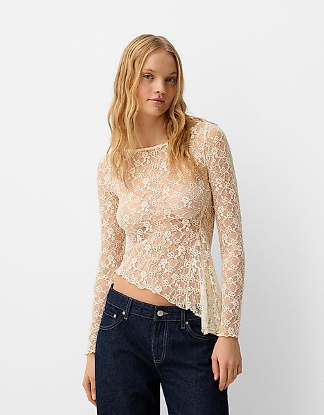 Bershka Langarmshirt Mit Spitzenkante Damen L Rohweiß günstig online kaufen