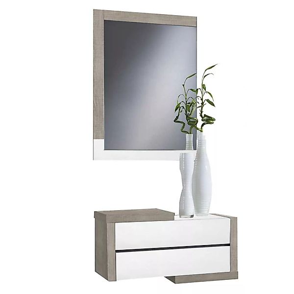 Spiegel und Wandkonsole in Sonoma Eiche Weiß Hochglanz (zweiteilig) günstig online kaufen