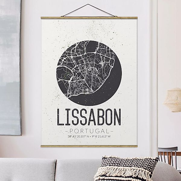 Stoffbild Karten mit Posterleisten - Hochformat Stadtplan Lissabon - Retro günstig online kaufen