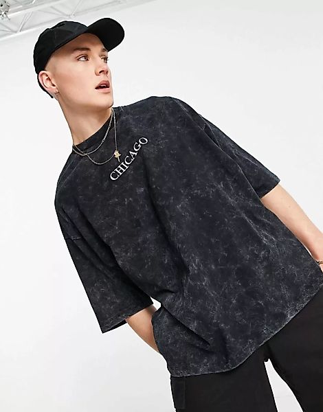 ASOS DESIGN – Oversize-T-Shirt in verwaschenem Schwarz mit „Chicago”-Citypr günstig online kaufen