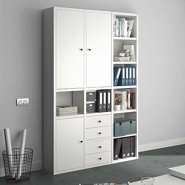 Arbeitszimmer Regalkombination in Weiß vier Schubladen günstig online kaufen