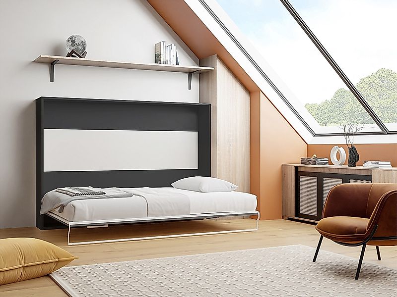 Schrankbett - 140 x 200 cm - Manuelle horizontale Öffnung - Anthrazit & Hol günstig online kaufen