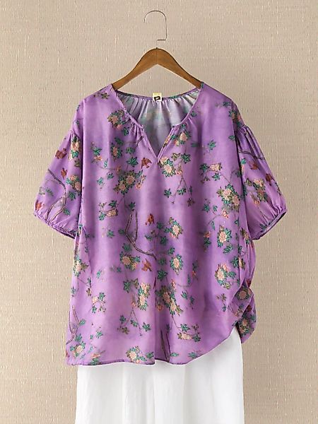 Lässige Bluse mit gekerbtem Hals und Blumenmuster für Damen günstig online kaufen