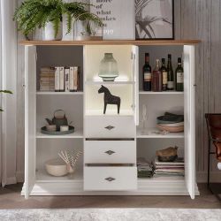 Landhaus Highboard in Weiß und Eichefarben drei Schubladen günstig online kaufen