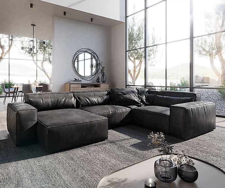 Wohnlandschaft Sirpio 300x210 cm Lederimitat Vintage Anthrazit Recamiere va günstig online kaufen