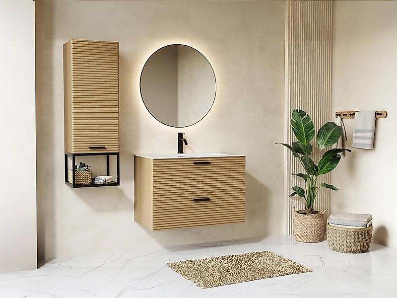 Badezimmermöbel geriffelt hängend mit Einbauwaschbecken und Hochschrank mit günstig online kaufen