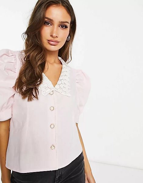Unique21 – Hemd in Rosa mit tiefem Ausschnitt und Spitzenkragen-Weiß günstig online kaufen