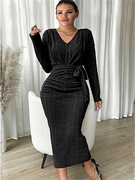 RUZU UG Dirndl Kleid Damen Mode V-Ausschnitt Langarm Strickgürtel günstig online kaufen