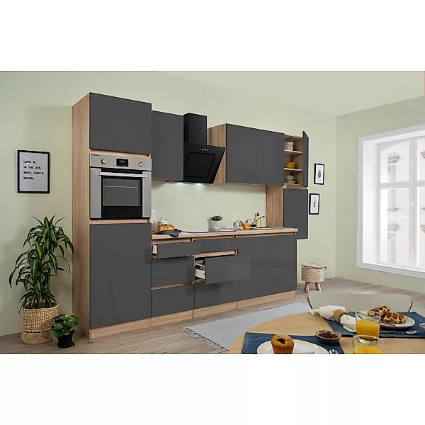 Respekta Küchenzeile GLRP320HESG Grifflos 320 cm Grau Hochglanz-Sonoma Eich günstig online kaufen