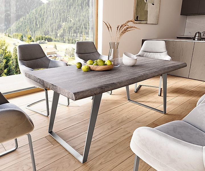 Esstisch Edge 180x90 XL Akazie Platin Edelstahl Schräg Live-Edge günstig online kaufen