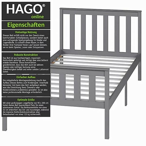 HAGO Bettgestell Kinderbett Jugend 90x200 Hellgrau Holz Kiefer Lattenrost G günstig online kaufen