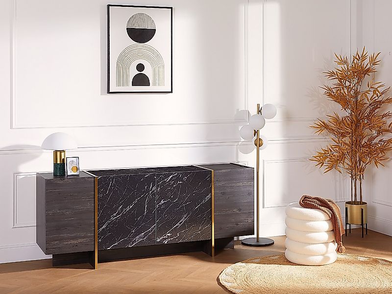 Sideboard mit 4 Türen – Marmor-Optik schwarz, dunkles Naturholz und Gold – günstig online kaufen