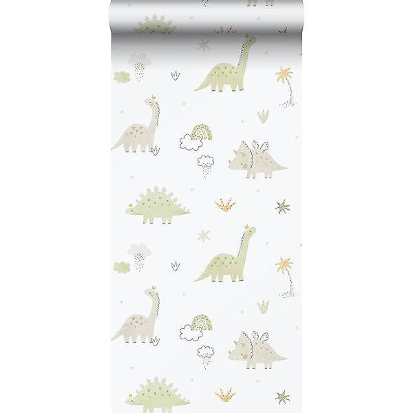 Sanders & Sanders Tapete Dinosaurier Beige Grün und Weiß 53 cm x 10.05 m günstig online kaufen