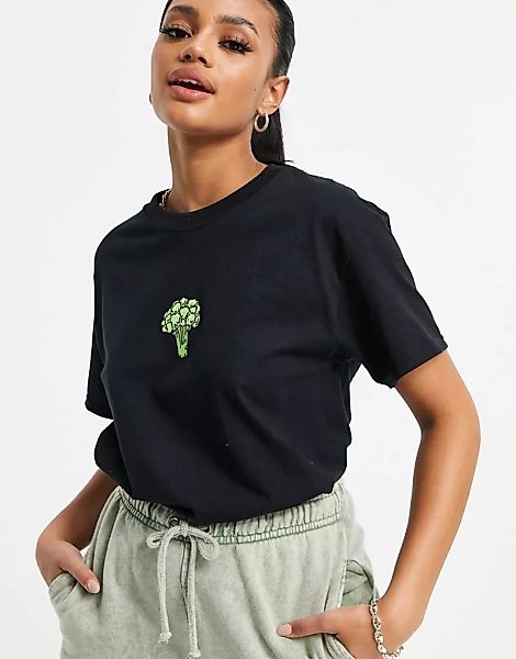 New Love Club – Oversize-T-Shirt mit aufgesticktem Brokkoli-Motiv-Schwarz günstig online kaufen