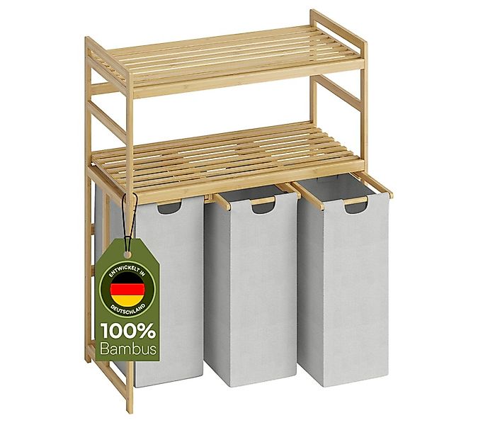 Bellamio Wäschekorb Newa aus Bambus (3 Fächer mit 2 Ablagen, Hellgrau 150 L günstig online kaufen