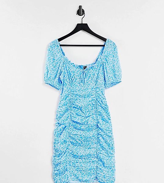 Influence Tall – Gerafftes Minikleid in Blau mit Blumenmuster-Mehrfarbig günstig online kaufen
