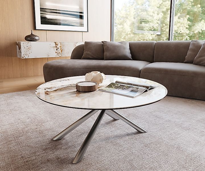 Couchtisch Edge Rund 100x100 cm Keramik Minas Melange Sarity Edelstahl gebü günstig online kaufen