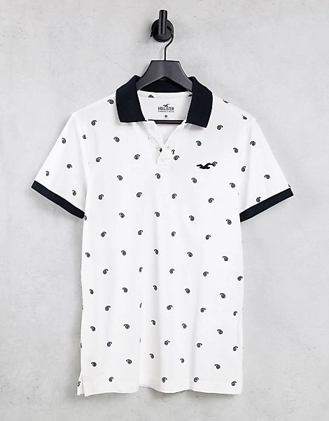 Hollister – Core – Pikee-Polohemd mit Kontrastkragen in Weiß mit Markenlogo günstig online kaufen
