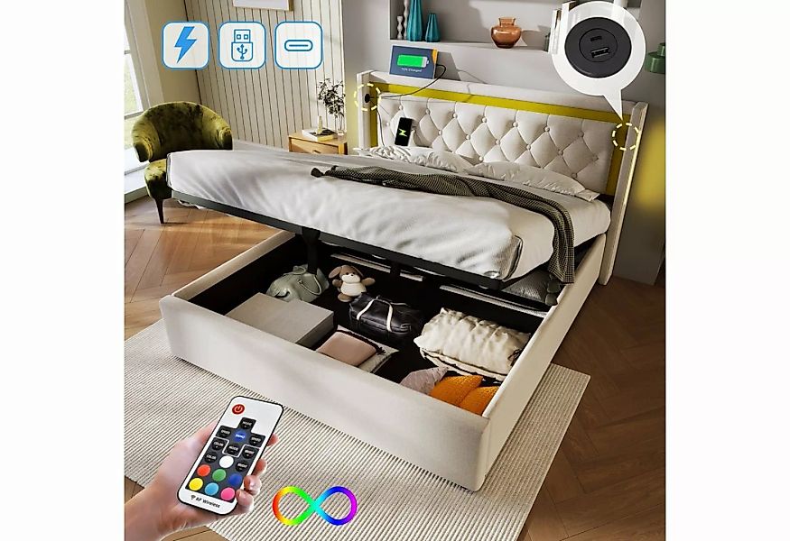 WISHDOR Polsterbett LED Doppelbett (Bettkasten mit USB Typ C Ladefunktion K günstig online kaufen