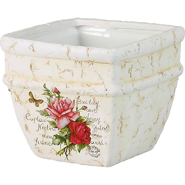 Deko-Pflanztopf mit Rosenmotiv 14 cm x 15 cm x 15 cm Creme günstig online kaufen