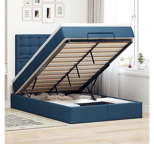 vidaXL Bett, Ottoman-Bett mit Matratze & LEDs Blau 120x200 cm Stoff günstig online kaufen