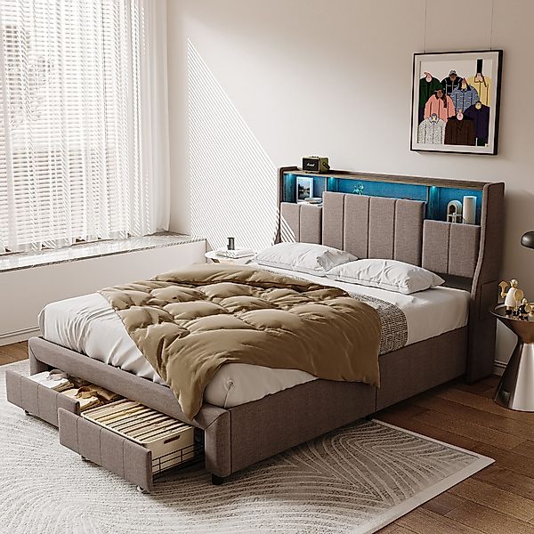 PXloue Polsterbett LED Doppelbett Stauraumbett, Ladefunktion, günstig online kaufen
