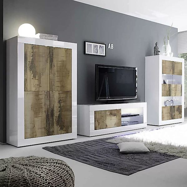 Fernseher Schrankwand in Holz verwittert Hochglanz weiß (dreiteilig) günstig online kaufen