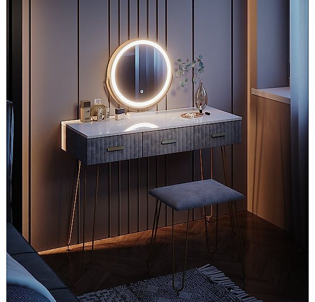 Vicco Schminktisch Layla, Weiß/Grau, 100 cm mit LED Beleuchtung und Hocker günstig online kaufen