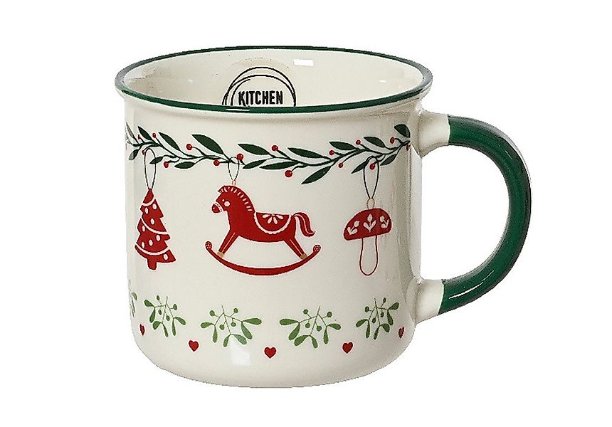 Weihnachtstasse Weihnachtsbecher Schaukelpferd Cremeweiß Grün Glühweintasse günstig online kaufen
