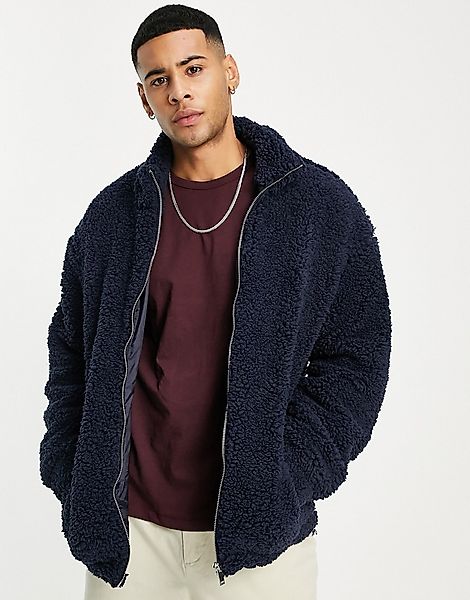 New Look – Fleece-Jacke aus Teddyfell in Marineblau mit Reißverschluss günstig online kaufen
