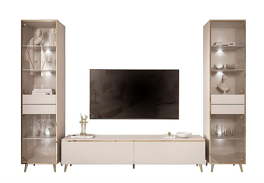 ALLHOUSE24 Wohnzimmer-Set PEONY KASCHMIR II GOLD Möbelset mit LED Glasvitri günstig online kaufen