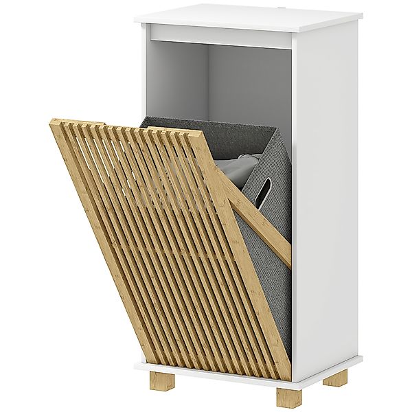 HOMCOM Badezimmerschrank mit Wäschekorb, Schrank mit lamellenförmiger Bambu günstig online kaufen