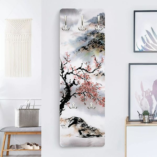 Wandgarderobe Japanische Aquarell Zeichnung Kirschbaum und Berge günstig online kaufen
