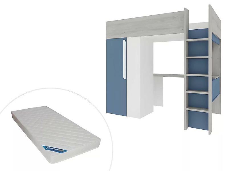 Hochbett mit Schreibtisch & Kleiderschrank + Matratze  - 90 x 200 cm - Blau günstig online kaufen