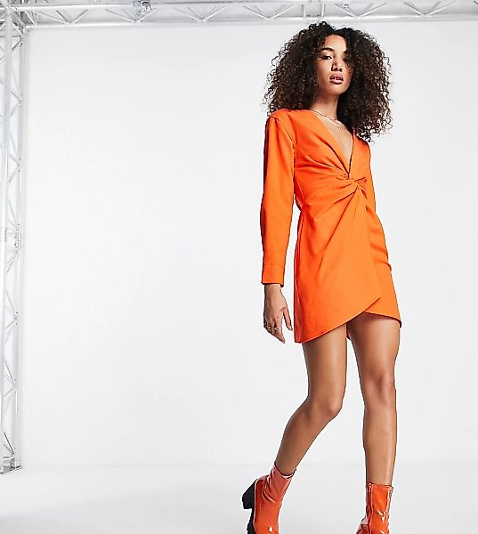 Bershka – Hemdkleid in leuchtendem Orange mit verdrehter Vorderseite günstig online kaufen